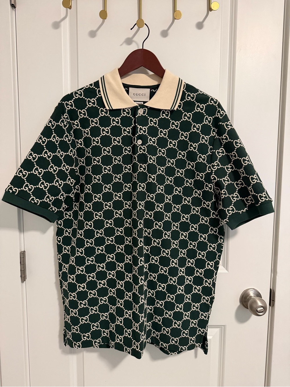 Gucci Green GG Logo Knit Polo with Cream Collar